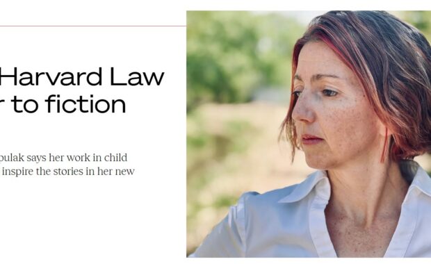 Screenshot from Harvard Law Today article, From Harvard Lawyer to Fiction Writer, headshot of Grace Spulak in white shirt, standing in front of greenery.