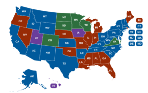 Map of the US with color coded states
